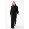 Kadın Oversize Siyah Çiçek Desenli Pamuklu Kalın Pijama Takımı