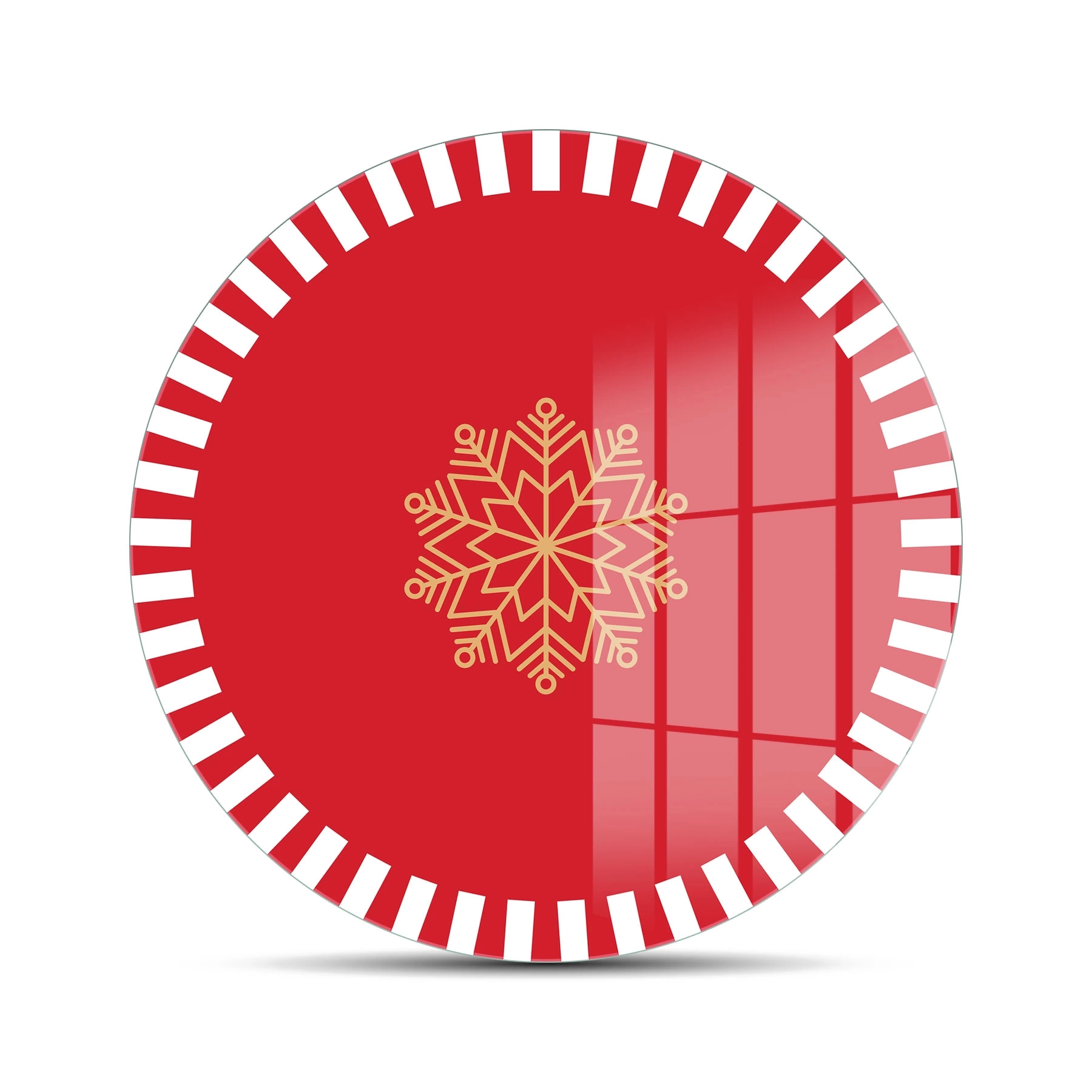 Decovetro Cam Kesme Tahtası Yuvarlak Kırmızı Beyaz Kar Tanesi Desenli 30x30 cm