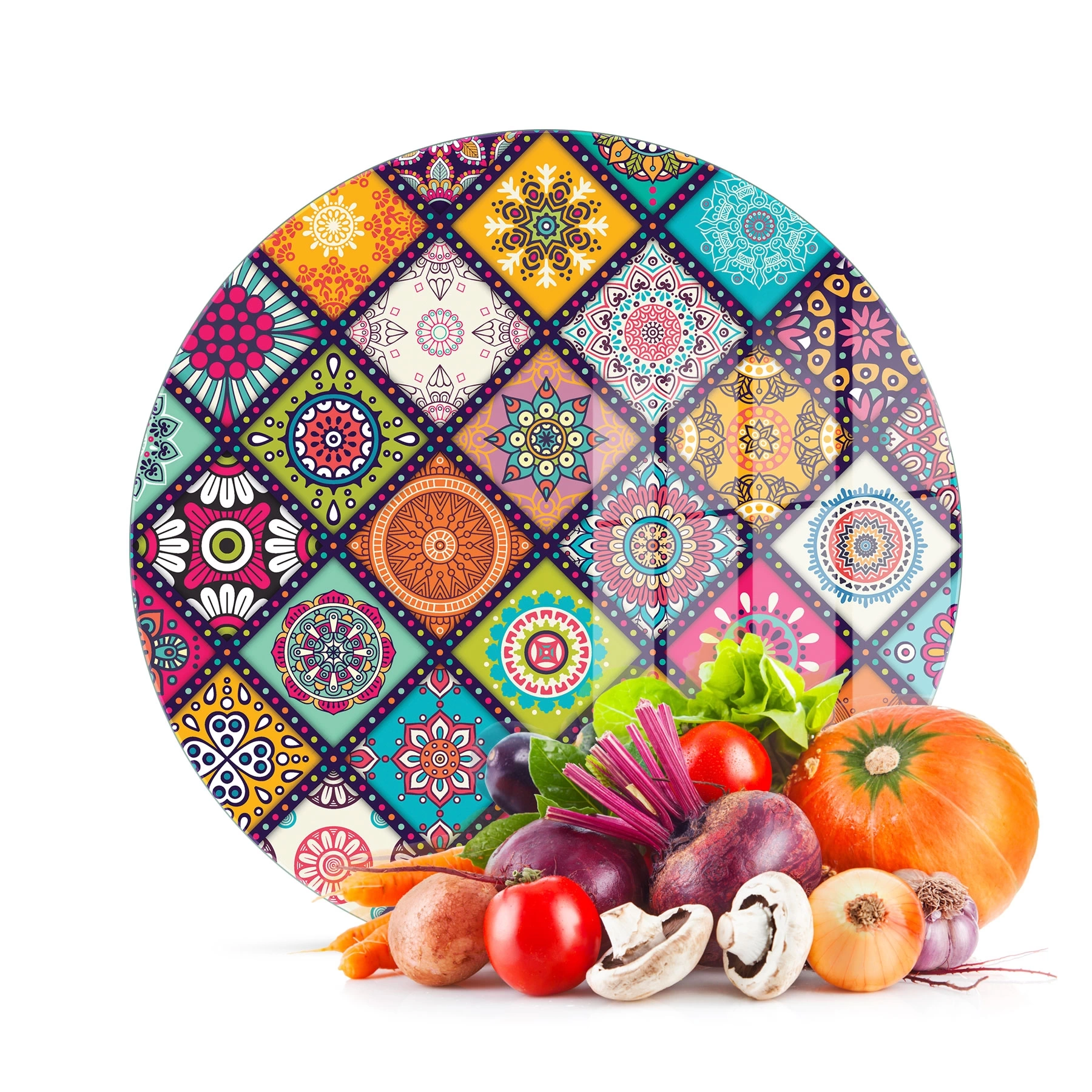 Decovetro Cam Kesme Tahtası Yuvarlak Renki Mandala Desenli 30x30 Cm