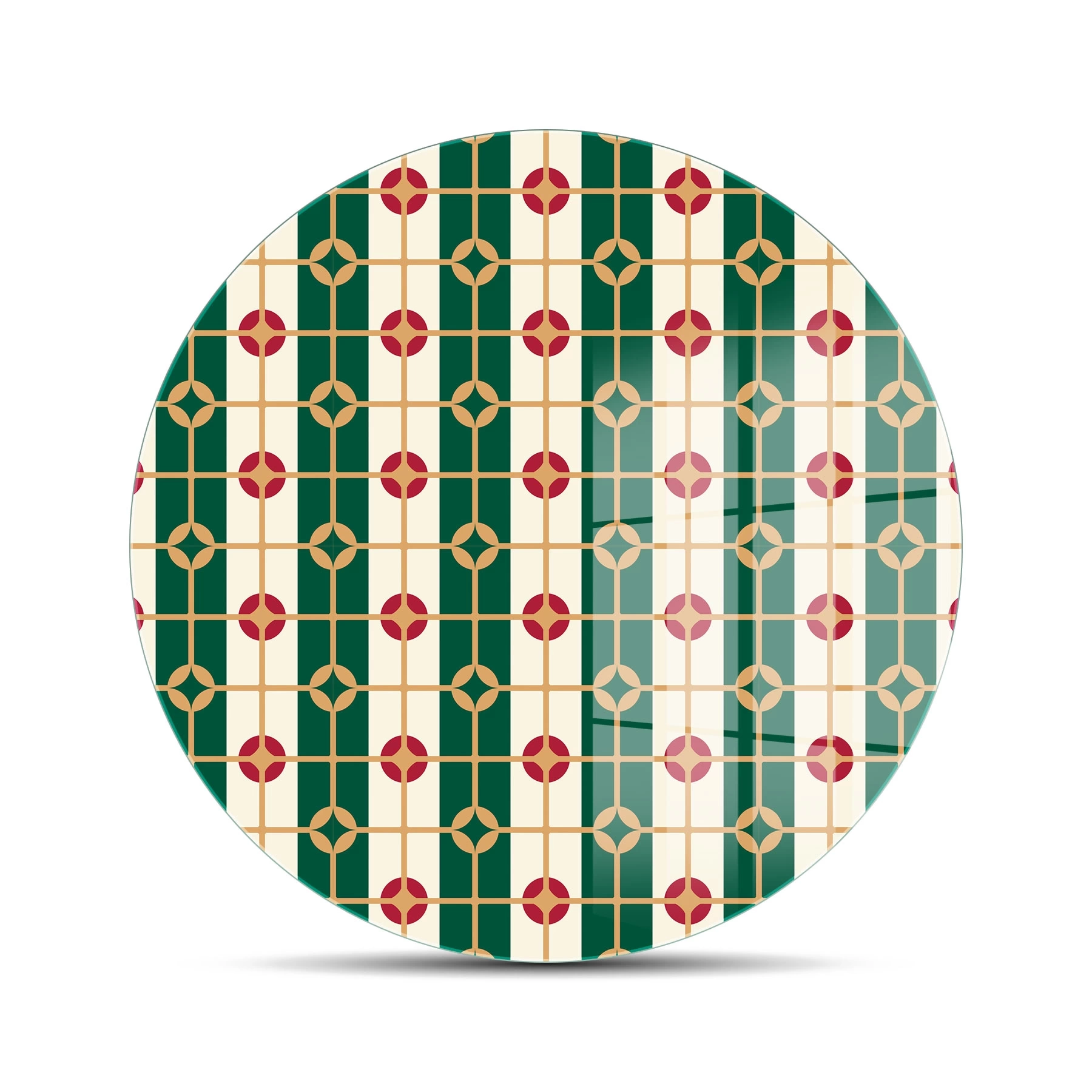 Decovetro Cam Kesme Tahtası Yuvarlak Yeşil Geometrik Desenli 30x30 cm