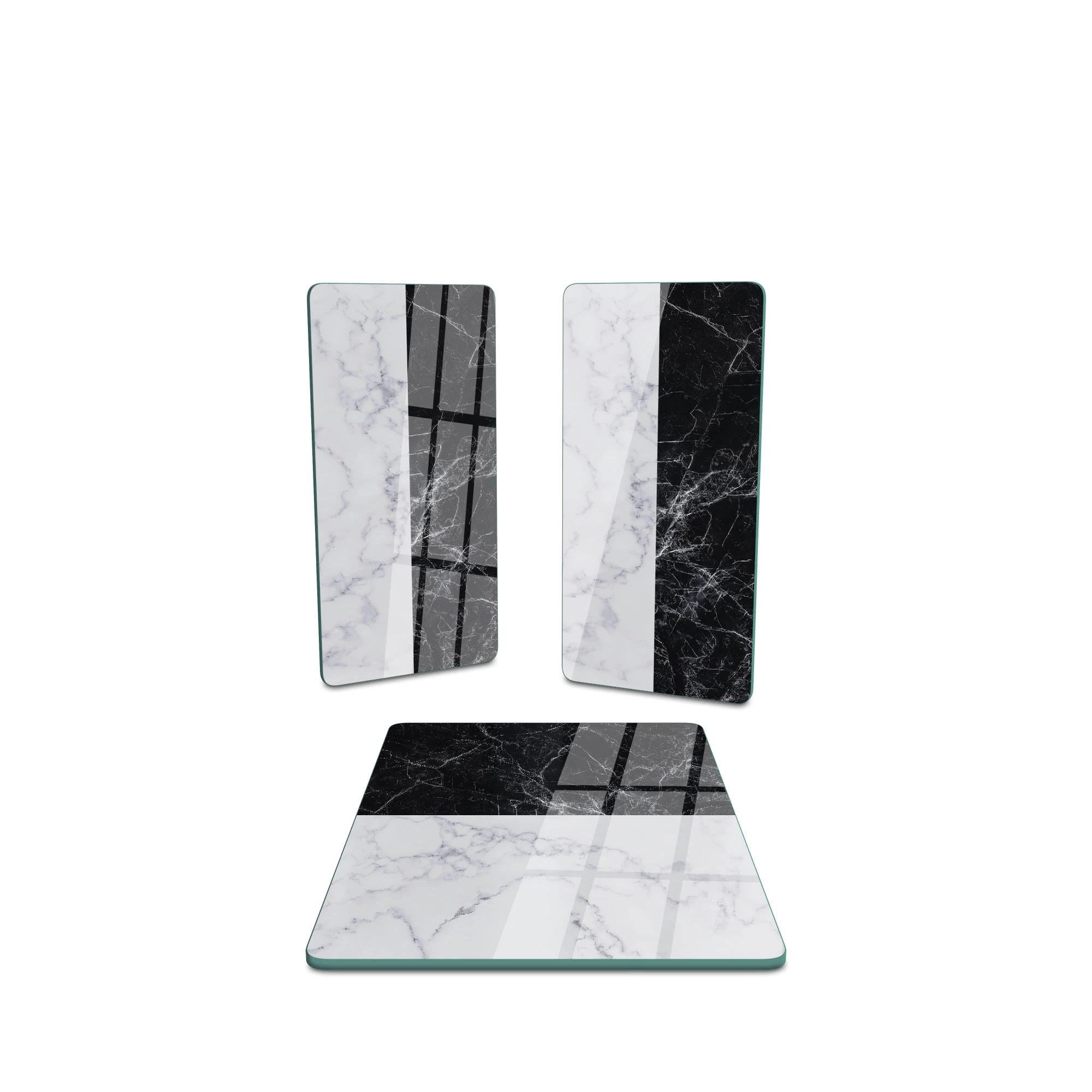 Decovetro Cam Sunum Servis Tabağı 3lü Dikdörtgen Set Double Siyah Beyaz Mermer Desenli