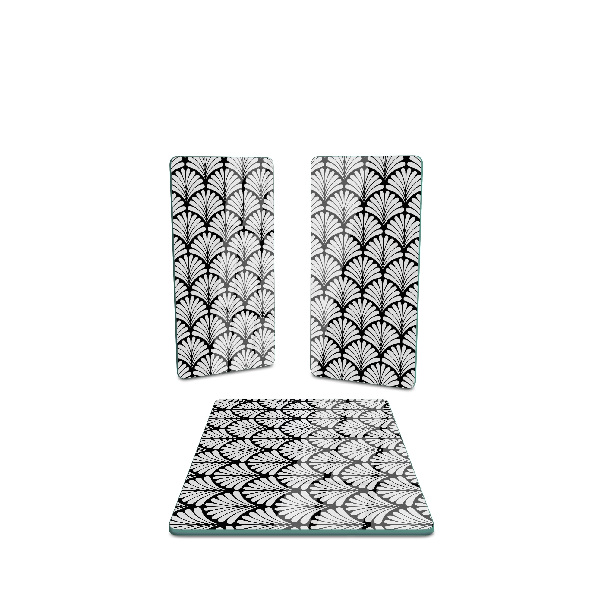 Decovetro Cam Sunum Servis Tabağı 3lü Dikdörtgen Set Siyah Beyaz Geometrik Desenli