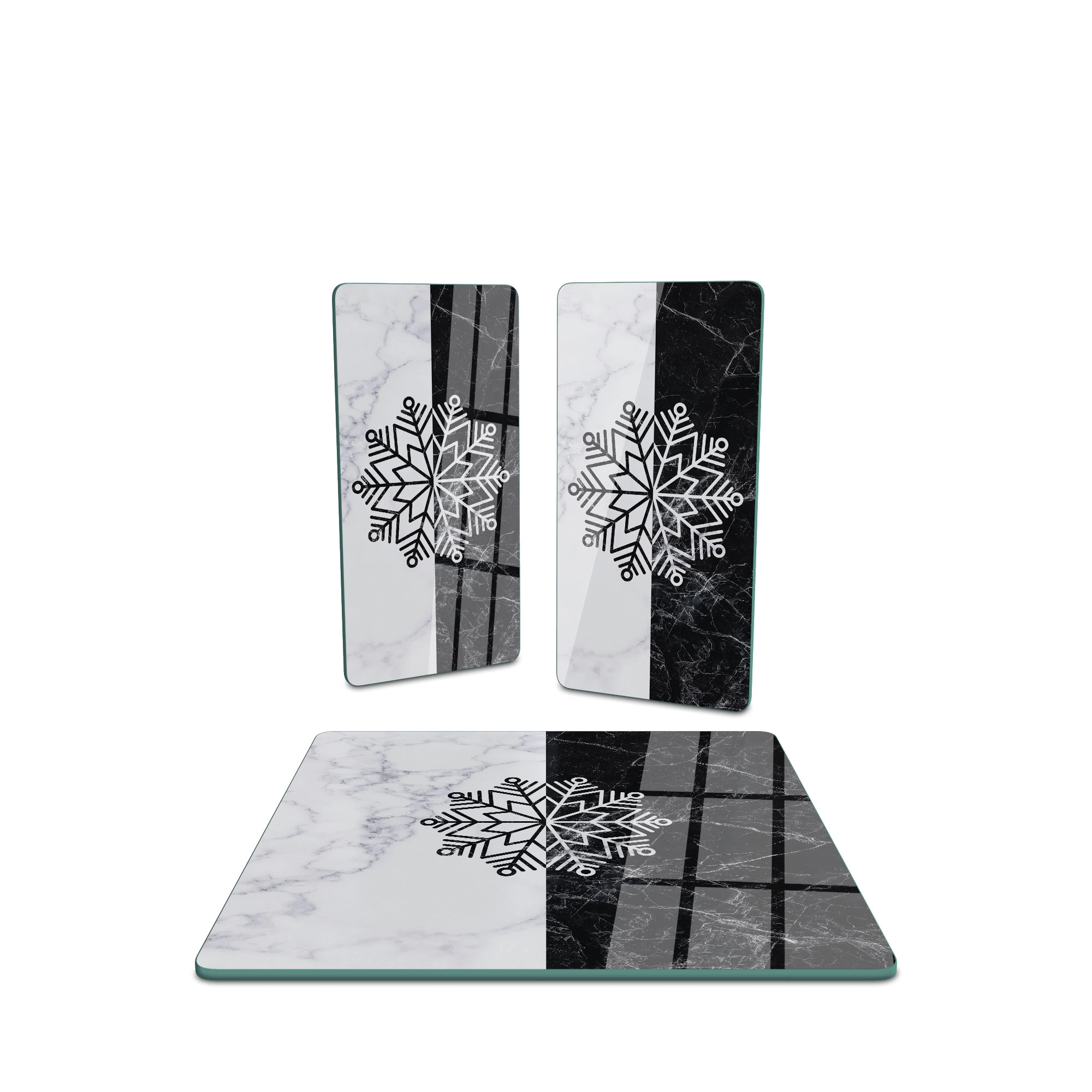 Decovetro Cam Sunum Servis Tabağı 3lü Kare Set Siyah Beyaz Mermer Kar Tanesi Desenli