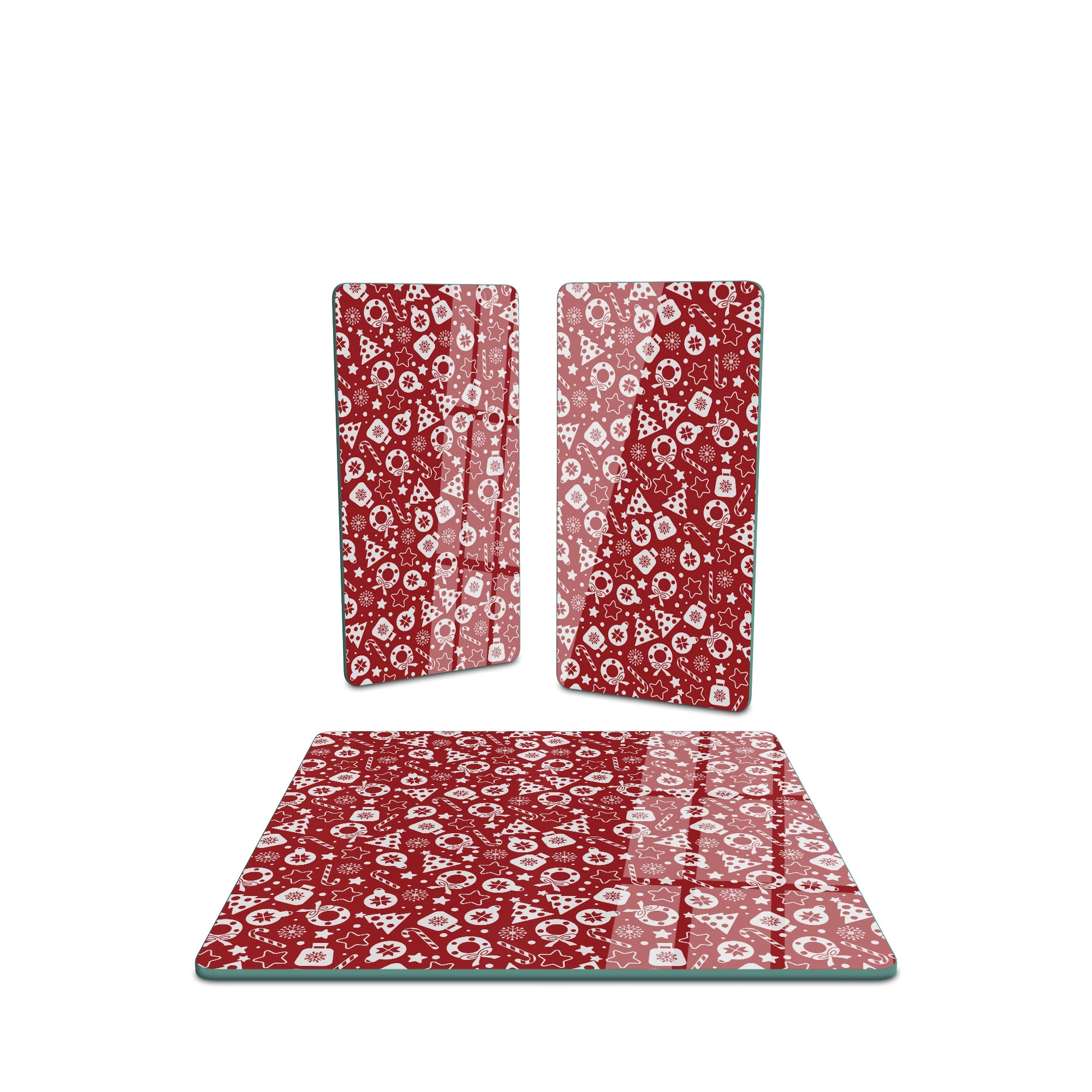 Decovetro Cam Sunum Servis Tabağı 3lü Kare Set Kırmızı Yılbaşı Desenli