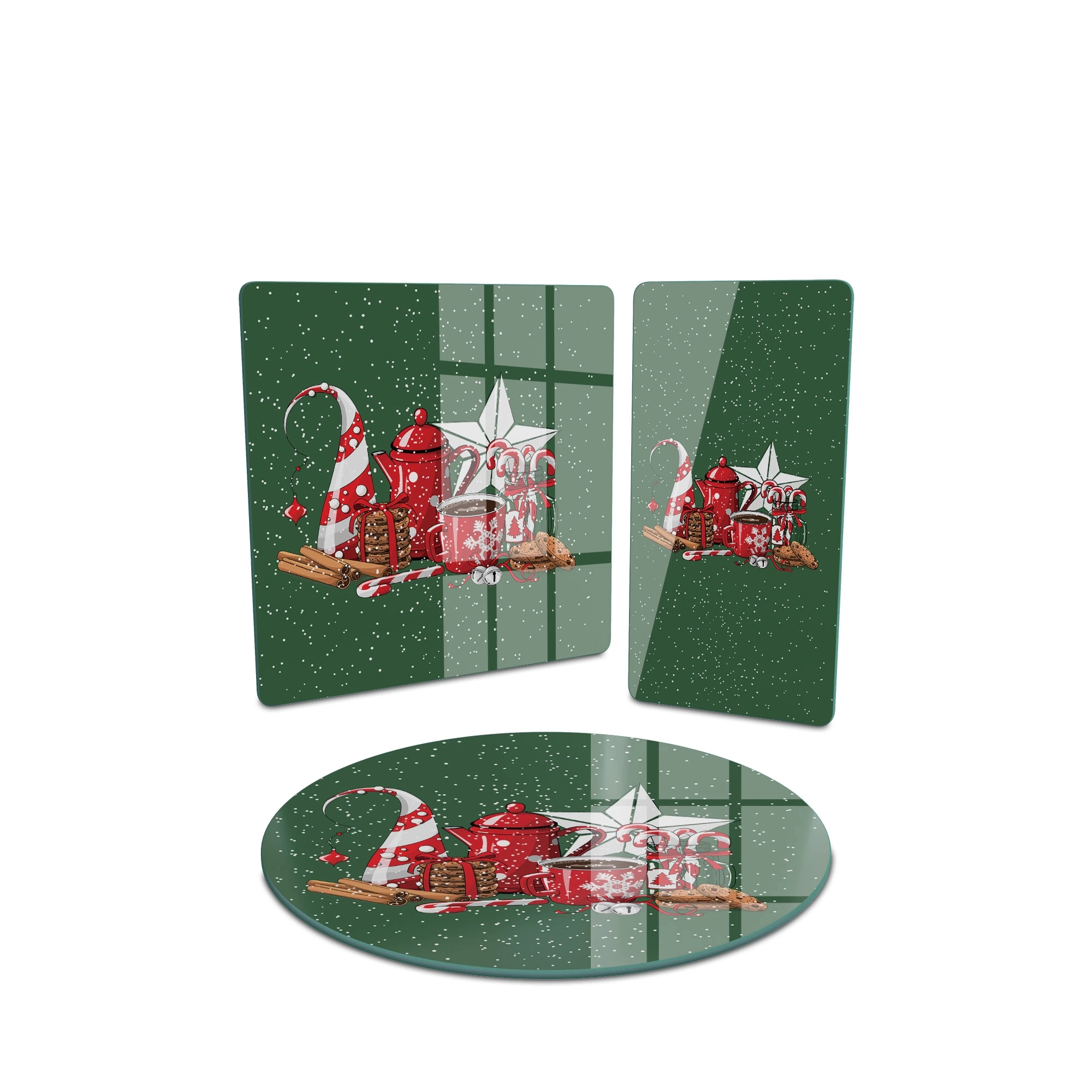 Decovetro Cam Sunum Servis Tabağı 3lü Karma Set Yeşil Yılbaşı Kar Desenli