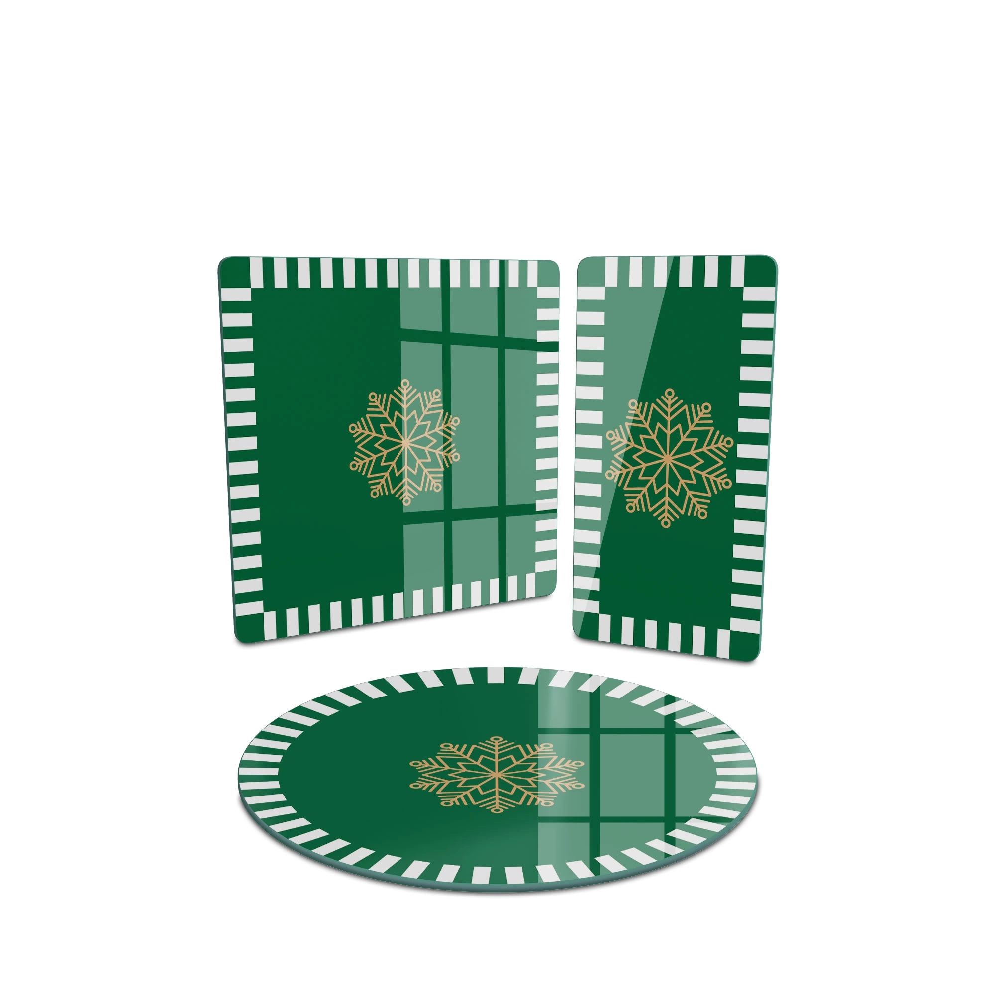 Decovetro Cam Sunum Servis Tabağı 3lü Karma Set Yeşil Beyaz Kar Tanesi Desenli