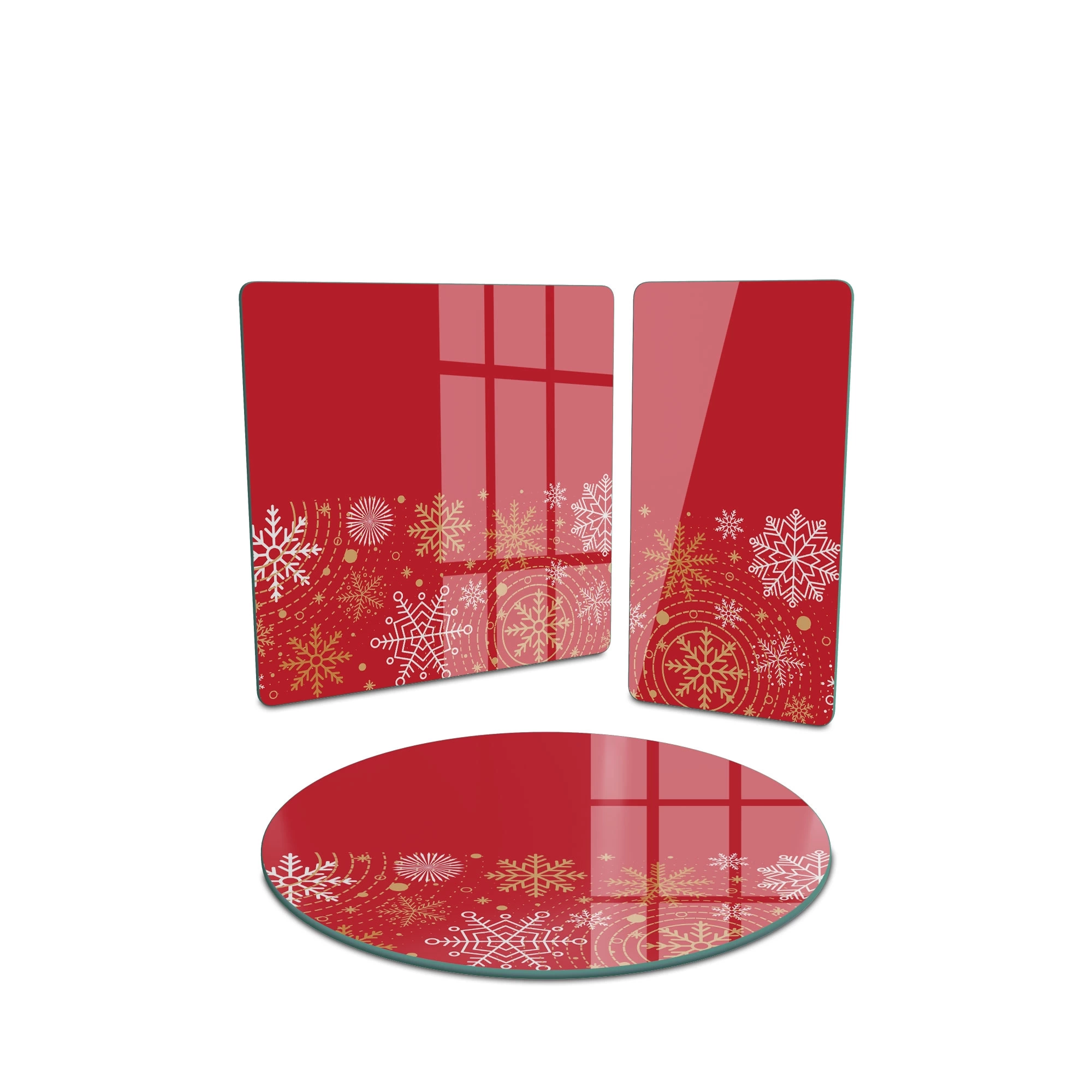 Decovetro Cam Sunum Servis Tabağı 3lü Karma Set Kırmızı Kar Tanesi Desenli