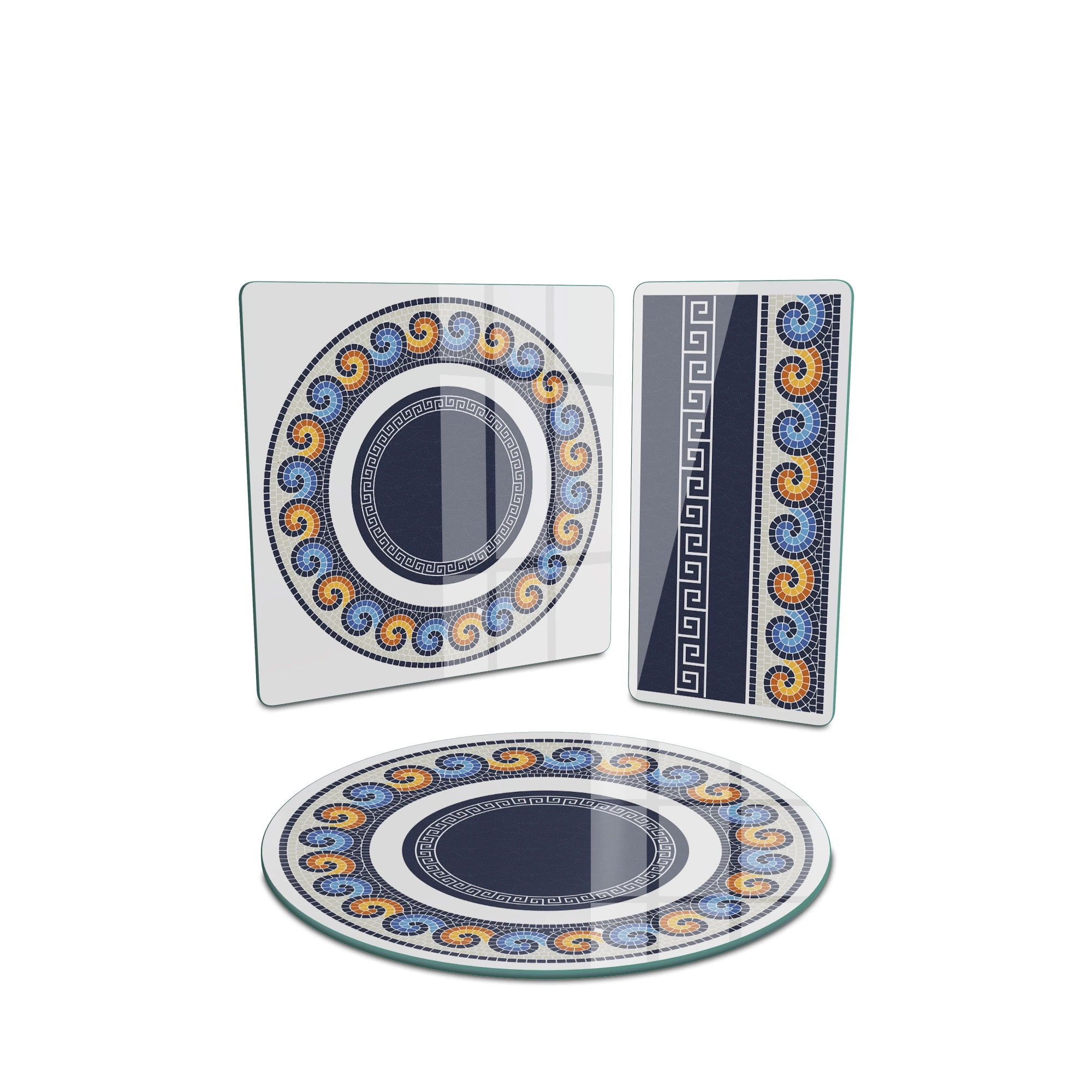 Decovetro Cam Sunum Servis Tabağı 3lü Karma Set Renkli Geometrik Desenli