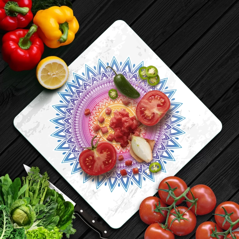 Decovetro Cam Kesme Tahtası Kare Beyaz Mandala Desenli