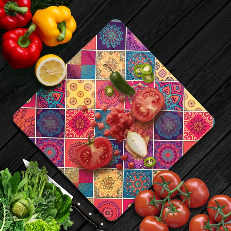 Decovetro Cam Kesme Tahtası Kare Karma Mandala Desenli