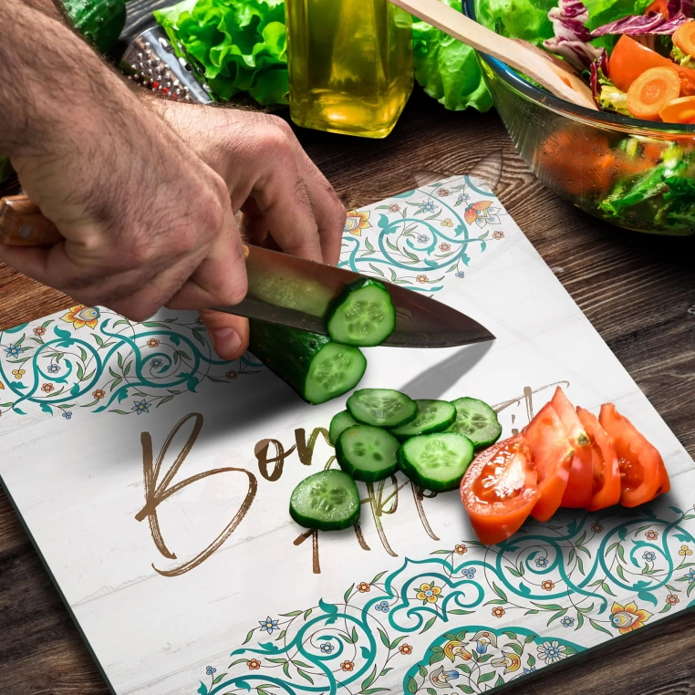 Decovetro Cam Kesme Tahtası Kare Bon Appetit Desenli