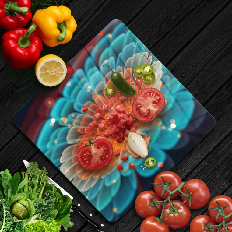 Decovetro Cam Kesme Tahtası Kare Çiçek Desenli