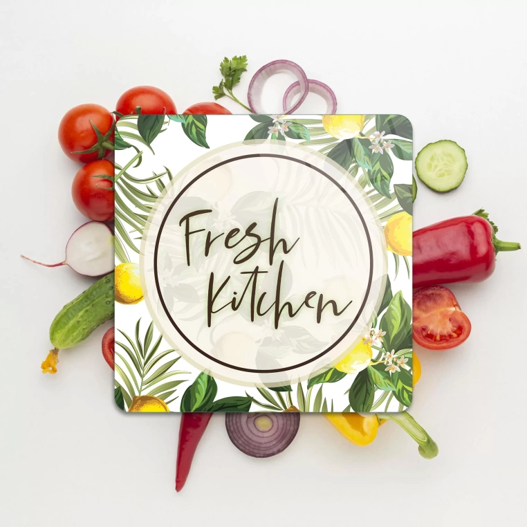Decovetro Cam Kesme Tahtası Kare Fresh Kitchen Desenli