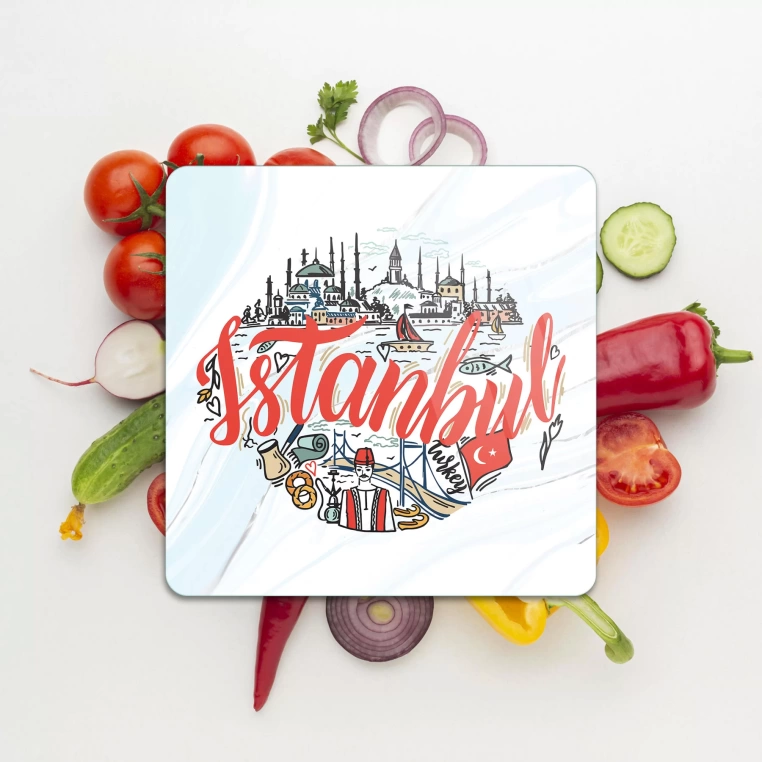 Decovetro Cam Kesme Tahtası Kare İstanbul Kolaj Desenli 30x30 Cm