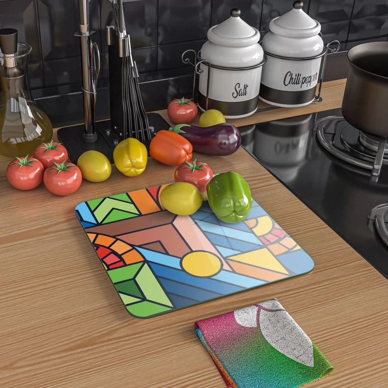 Decovetro Cam Kesme Tahtası Kare Karma Geometrik Desenli