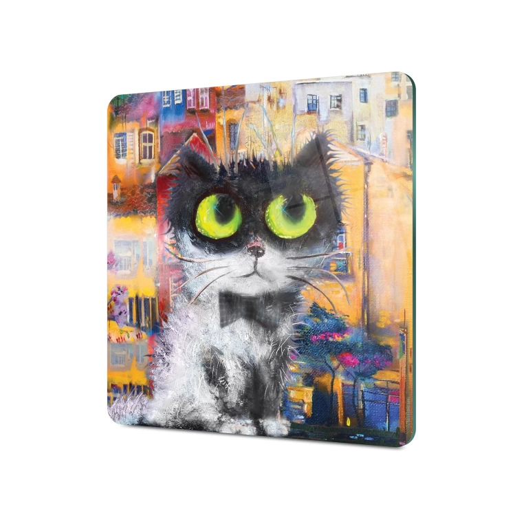 Decovetro Cam Kesme Tahtası Kare Kedi Desenli