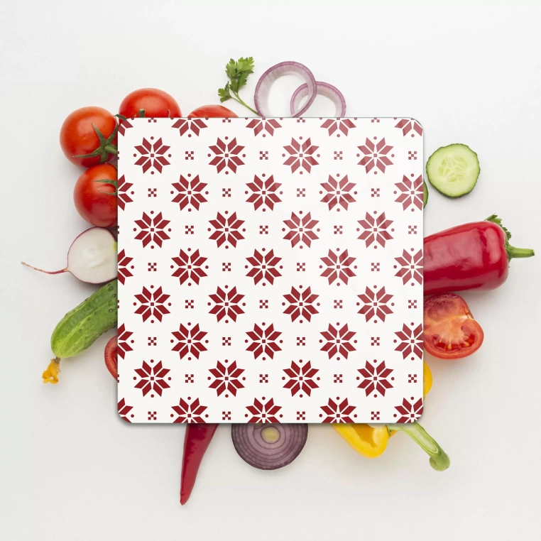Decovetro Cam Kesme Tahtası Kare Kırmızı Kar Tanesi Desenli 30x30 Cm