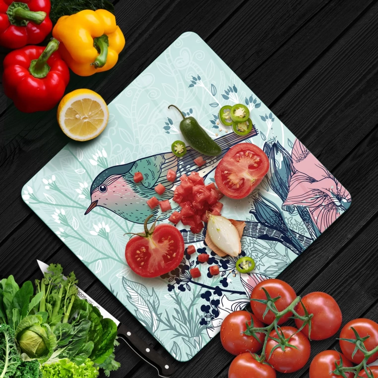 Decovetro Cam Kesme Tahtası Kare Kuş Çiçek Desenli