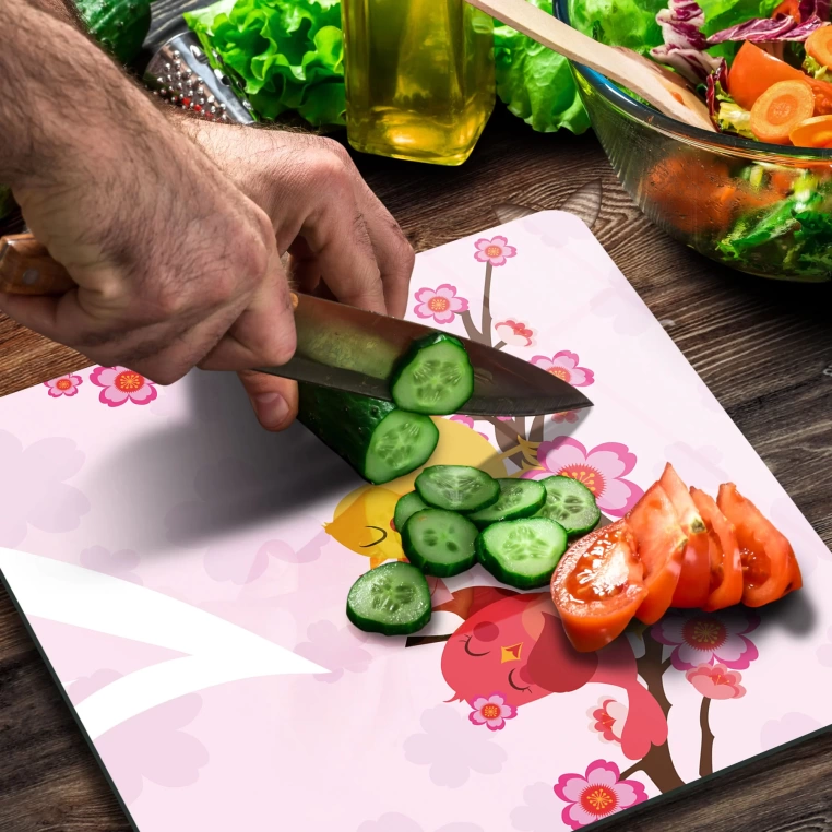 Decovetro Cam Kesme Tahtası Kare Kuş Çiçek Desenli