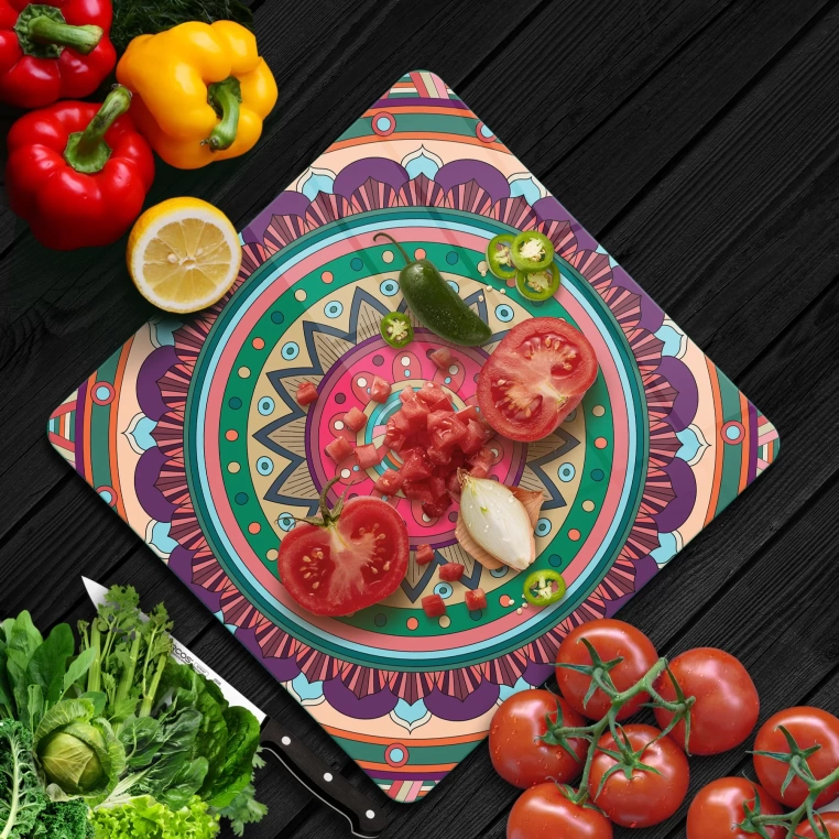 Decovetro Cam Kesme Tahtası Kare Mandala 5 Desenli