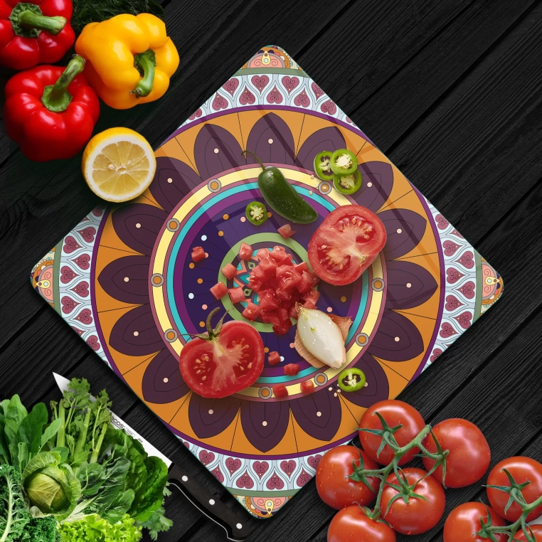 Decovetro Cam Kesme Tahtası Kare Mandala 1 Desenli
