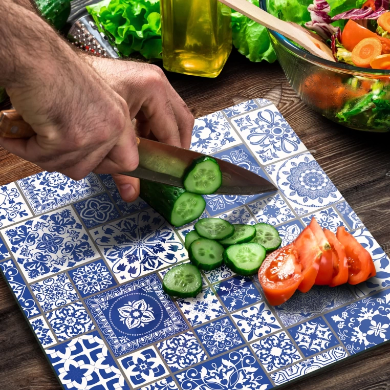 Decovetro Cam Kesme Tahtası Kare Mavi Çini Kare Desenli