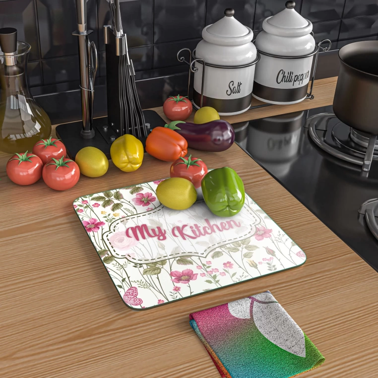 Decovetro Cam Kesme Tahtası Kare My Kitchen Çicek Desenli