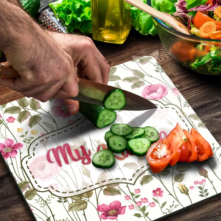 Decovetro Cam Kesme Tahtası Kare My Kitchen Çicek Desenli