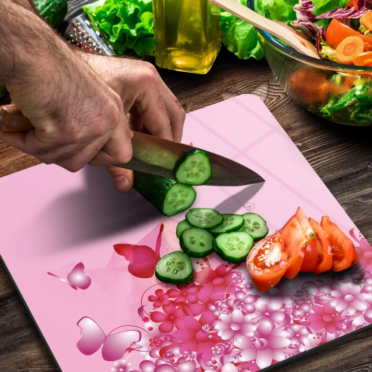 Decovetro Cam Kesme Tahtası Kare Pembe Kelebek Desenli