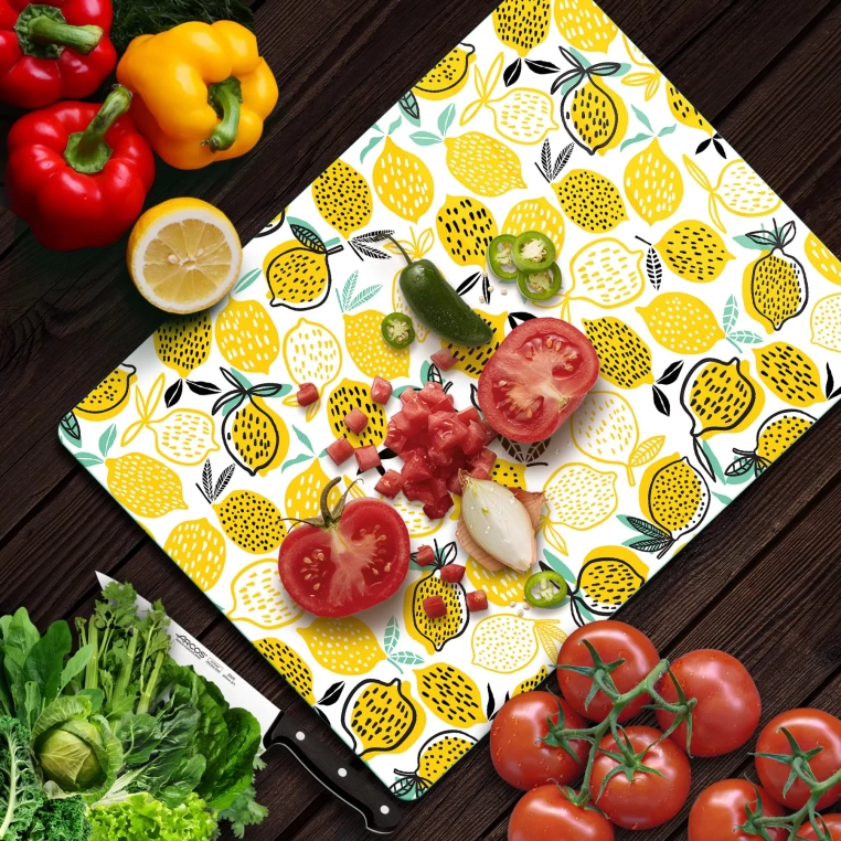 Decovetro Cam Kesme Tahtası Limon Desenli