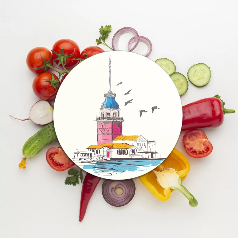 Decovetro Cam Kesme Tahtası Yuvarlak Kız Kulesi Desenli 30x30 Cm