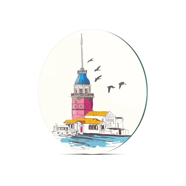 Decovetro Cam Kesme Tahtası Yuvarlak Kız Kulesi Desenli 30x30 Cm