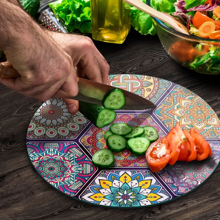 Decovetro Cam Kesme Tahtası Yuvarlak Altıgen Mandala Desenli
