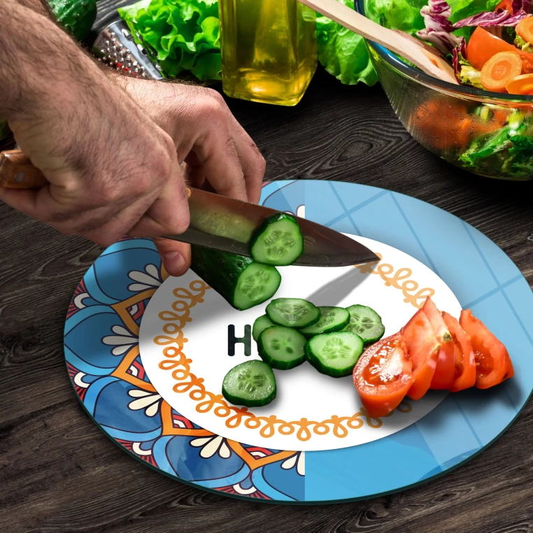 Decovetro Cam Kesme Tahtası Yuvarlak Happy Desenli