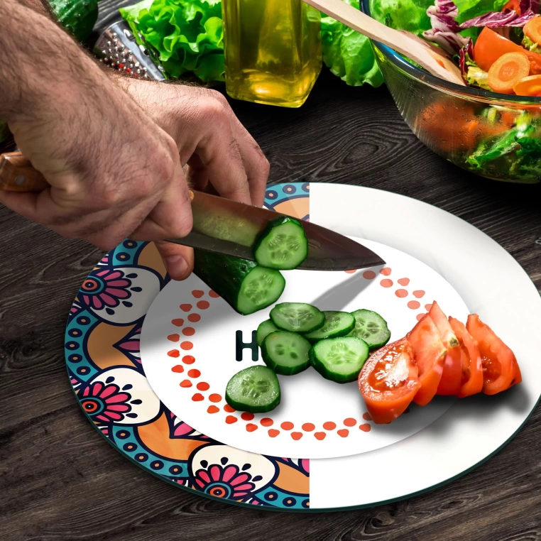 Decovetro Cam Kesme Tahtası Yuvarlak Hello Desenli