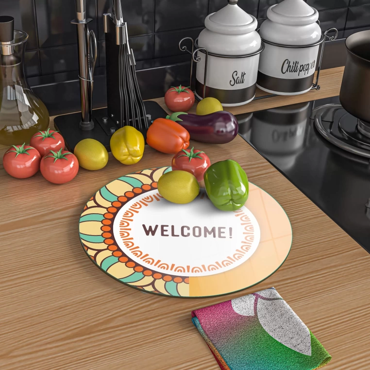 Decovetro Cam Kesme Tahtası Yuvarlak Welcome Desenli