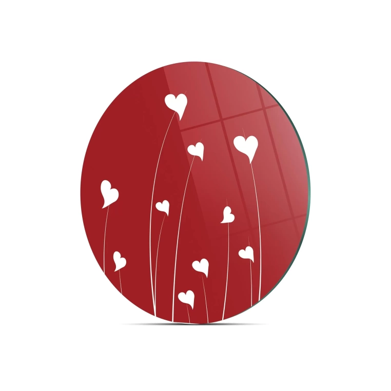 Decovetro Cam Kesme Tahtası Yuvarlak Kırmızı Beyaz Kalp Desenli 30x30 Cm