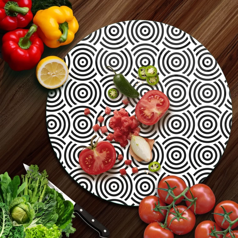 Decovetro Cam Kesme Tahtası Yuvarlak Geometrik Çizgiler Desenli