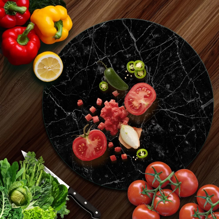 Decovetro Cam Kesme Tahtası Yuvarlak Siyah Granit Desenli 30x30 Cm