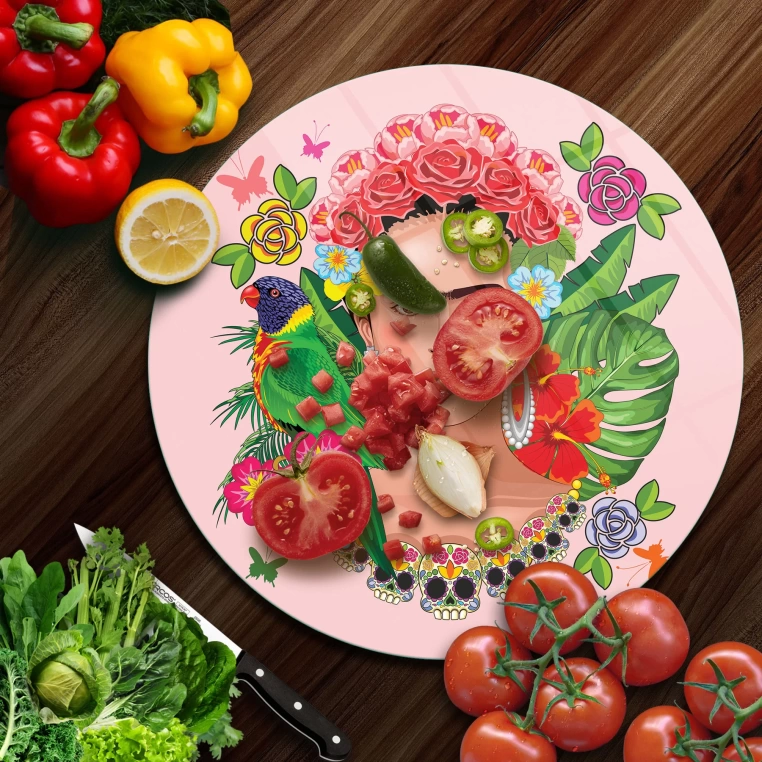 Decovetro Cam Kesme Tahtası Yuvarlak Pembe Desenli