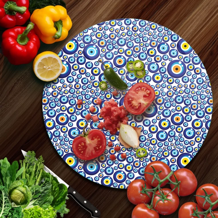 Decovetro Cam Kesme Tahtası Yuvarlak Nazar Boncuk Desenli 30x30 Cm