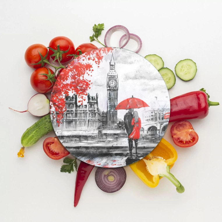 Decovetro Cam Kesme Tahtası Yuvarlak Love London Desenli