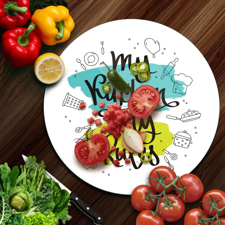 Decovetro Cam Kesme Tahtası Yuvarlak My Kitchen My Rules Desenli