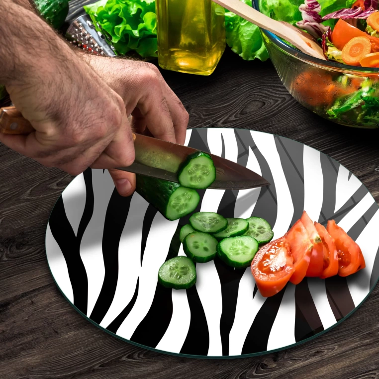 Decovetro Cam Kesme Tahtası Yuvarlak Zebra Desenli 30x30 Cm