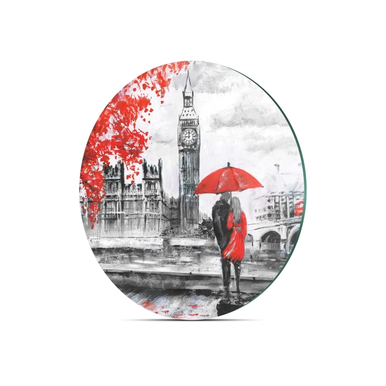 Decovetro Cam Kesme Tahtası Yuvarlak Love London Desenli