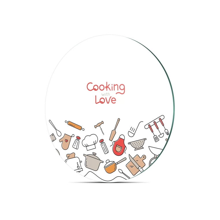 Decovetro Cam Kesme Tahtası Yuvarlak Cooking Love Desenli