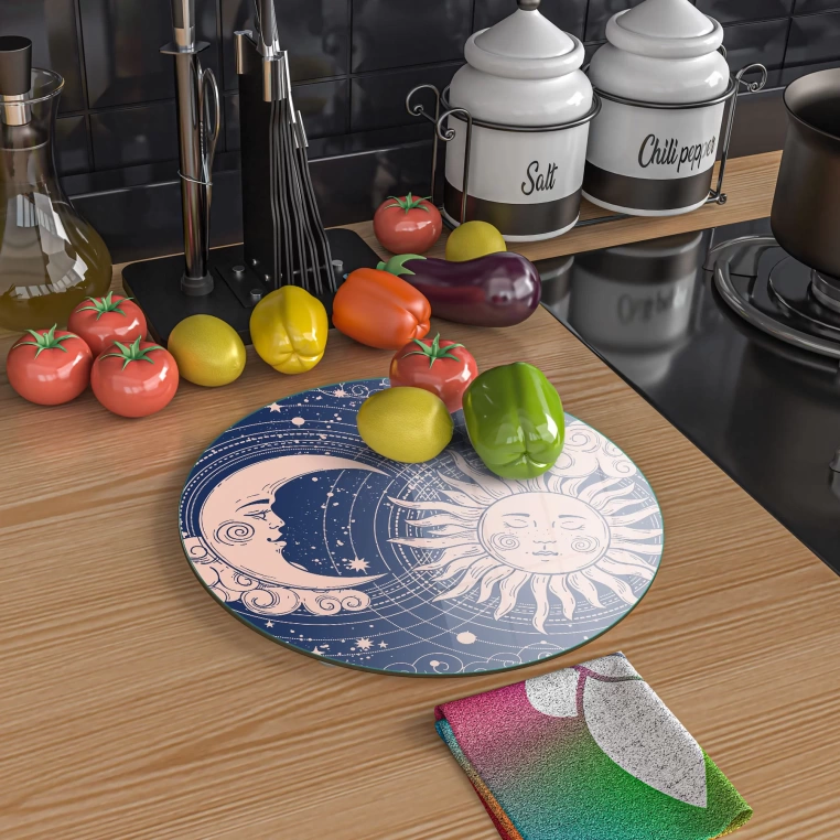 Decovetro Cam Kesme Tahtası Yuvarlak Horoscope Vintage Desenli