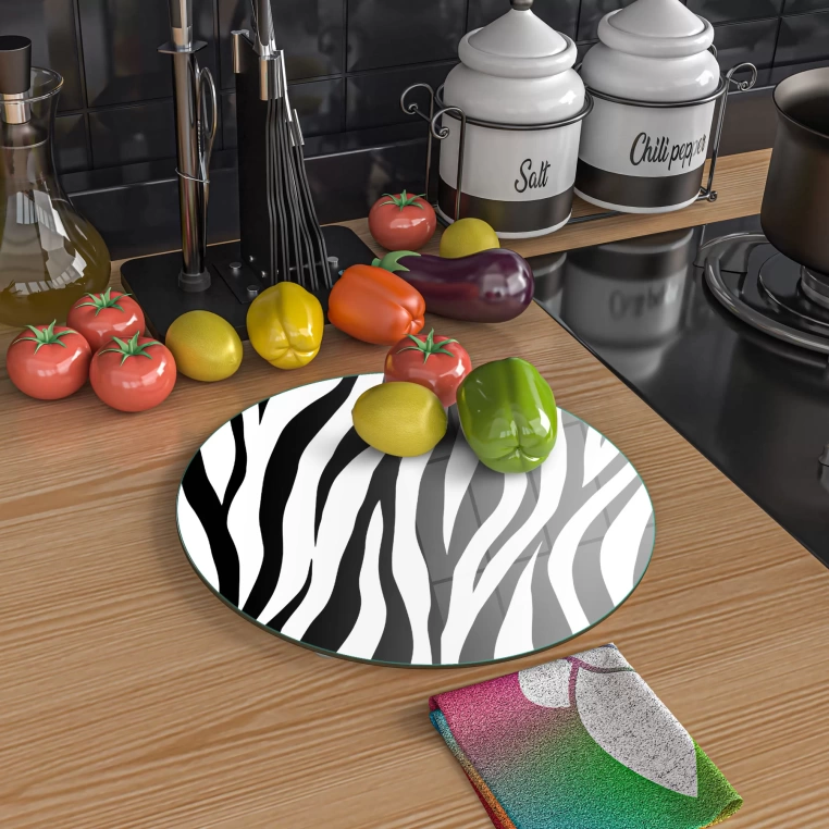 Decovetro Cam Kesme Tahtası Yuvarlak Zebra Desenli