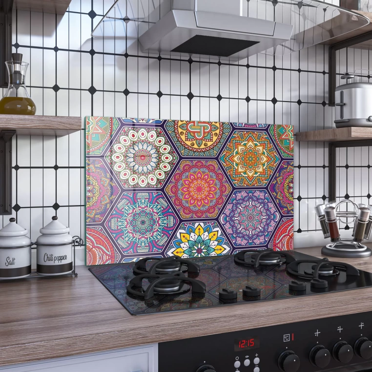 Decovetro Ocak Arkası Koruyucu Altıgen Mandala Desenli 76x50cm