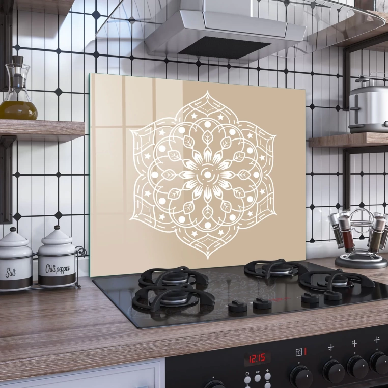 Decovetro Ocak Arkası Koruyucu Cam Çiçek Mandala Desenli 60x52cm